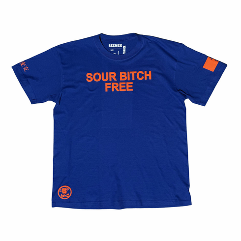 SOUR BITCH FREE ROYAL BLUE AND ORANGE X NY KNICKS TEE