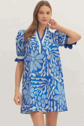 Blue Mod Floral Puff Sleeve MinI Dress