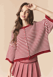 Crimson Striped Half Sleeve Boxy Cardigan