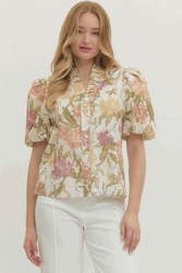 Ecru Floral Print Ruffled V Neck Top