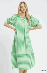 Green Striped V Neck Puff Sleeve Midi Dress