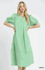 Green Striped V Neck Puff Sleeve Midi Dress