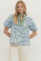 Green Trim Blue Floral Print Top