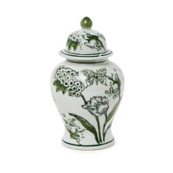 Green & White Hand Painted Chinoiserie Ginger Jar with Lid