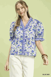 Blue Floral Ruffle Trim Puff Sleeve Top