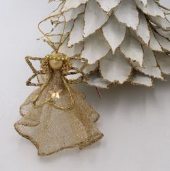 Gold Mesh Glittered Angel Ornament