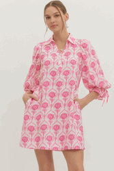 Pink Floral 3/4 Sleeve Print Dress