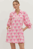Pink Floral 3/4 Sleeve Print Dress