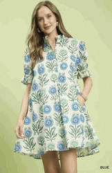 Blue Floral Puff Sleeve Babydoll Mini Dress