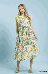 Green Mixed Floral Tiered Flutter Sleeve Midi Dress