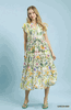 Green Mixed Floral Tiered Flutter Sleeve Midi Dress