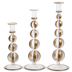 Gold Stripe Set Of Three Glass Candlesticks