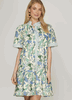 Blue Short Sleeve Ruffle Neck Floral Dress