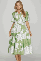 Sage Short Bubble Sleeve Tiered Floral Midi Dress