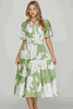 Sage Short Bubble Sleeve Tiered Floral Midi Dress