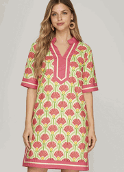 Pink Short Sleeve Block Print Dress