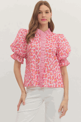 Pink Leopard Print Puff Sleeve Top