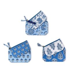 Set of 2 Blue Block Print Accessory Bags