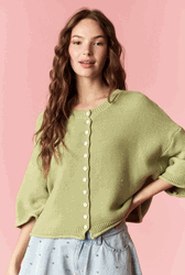 Light Green Curly Edge Half Sleeve Boxy Cardigan