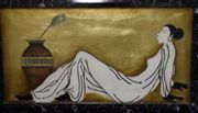 Beautiful Hand Carved Painted Wooden Plaque Lying Woman Portugal