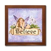 Believe Fairy Ceramic Tile Box by Artist Selina Fenech Dark wood jewely box measures 5 1/8" x 5 1/8" x 2 3/4" and is fully lined on the inside