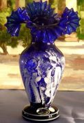 Bohemian 24k Gold Plated Hand Painted Blue High Enamel Vase
