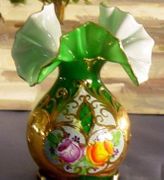 Bohemian 24k Gold Plated Hand Painted Green Small Enamel Vase