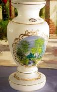 Bohemian 24k Gold Plated Hand Painted White Green Large Enamel Vase