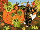 Calico's Mystical Pumpkin by Carrie Hawks 8"x10" Ceramic Art Tile with recessed hangers for tabletop or wall hanging purposes Calico's Mystical Pumpkin by Carrie Hawks 8"x10" Ceramic Art Tile with recessed hangers for tabletop or wall hanging purposes