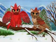 Cardinal Cats by Carrie Hawks   8"x10" Ceramic Art Tile with recessed hangers for tabletop or wall hanging purposes