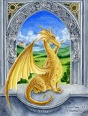 Dragon of Day by Meredith Dillman 8"x10" Ceramic Art Tile with recessed hangers for tabletop or wall hanging purposes Dragon of Day by Meredith Dillman 8"x10" Ceramic Art Tile with recessed hangers for tabletop or wall hanging purposes