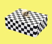 Figurine Skull Checkered Box Hand Painted Resin