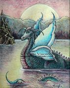 Floating Night Dragon by Vicki Visconti Tilley   8"x10" Ceramic Art Tile with recessed hangers for tabletop or wall hanging purposes