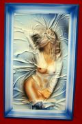 Joahna Tomascheska Hand Made Painted Art 3D Leather Woman Picture in Wooden Frame