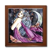 Lunar Fay Ceramic Tile Box by Artist Abranda Scisson Dark wood jewely box measures 5 1/8" x 5 1/8" x 2 3/4" and is fully lined on the inside Lunar Fay Ceramic Tile Box by Artist Abranda Scisson Dark wood jewely box measures 5 1/8" x 5 1/8" x 2 3/4" and is fully lined on the inside