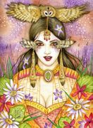 Owl Goddess by Maria Van Bruggen  8"x10" Ceramic Art Tile with recessed hangers for tabletop or wall hanging purposes