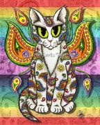 Rainbow Paisley Fairy Cat by Carrie Hawks   8"x10" Ceramic Art Tile with recessed hangers for tabletop or wall hanging purposes