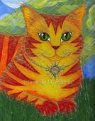 Rajah Golden Sun Cat by Carrie Hawks 8"x10" Ceramic Art Tile with recessed hangers for tabletop or wall hanging purposes Rajah Golden Sun Cat by Carrie Hawks 8"x10" Ceramic Art Tile with recessed hangers for tabletop or wall hanging purposes
