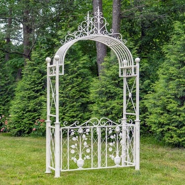 10.5ft. Iron Garden Gate w/Floral Embellishments - Antique White - Click to enlarge