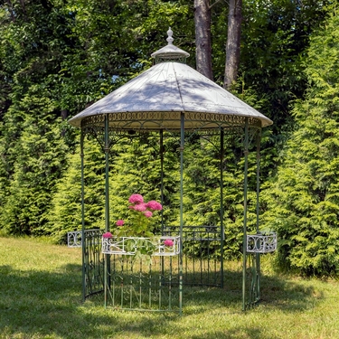 11.25ft. Iron Lace Gazebo w/Flowers Baskets - Antique Green / White Roof - Click to enlarge