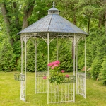 11.25ft. Iron Lace Gazebo w/Flowers Baskets - Antique White / Blue Roof