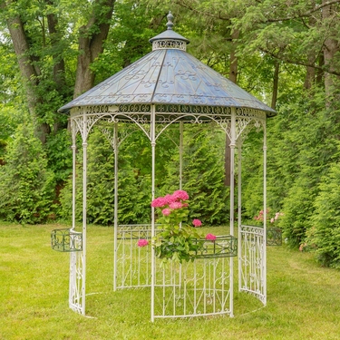11.25ft. Iron Lace Gazebo w/Flowers Baskets - Antique White / Blue Roof - Click to enlarge