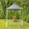 11.25ft. Iron Lace Gazebo w/Flowers Baskets - Antique White / Blue Roof
