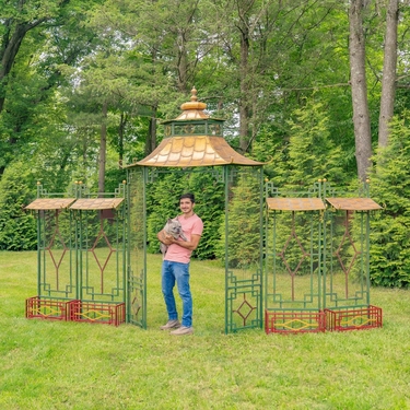 16ft. Long Pagoda Style Iron Garden Gate w/Planters - Green Red Gold - Click to enlarge