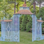 16ft. Long Pagoda Style Iron Garden Gate w/Planters - Light Blue Gold