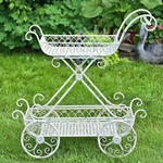 2-Tier Flower Cart Stand w/Moving Wheels - Antique White