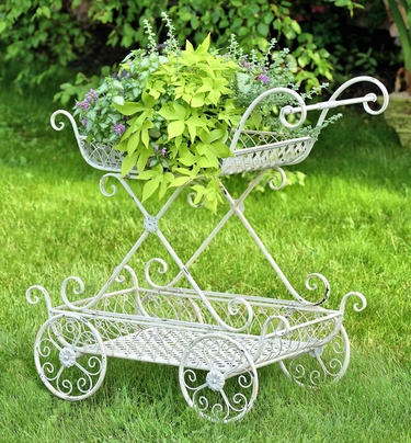 2-Tier Flower Cart Stand w/Moving Wheels - Antique White - Click to enlarge