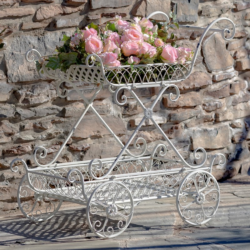 2-Tier Flower Cart Stand w/Moving Wheels - Antique White only