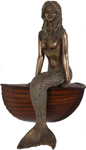 23" Sitting Bronze Mermaid w/Wood Finish Boat