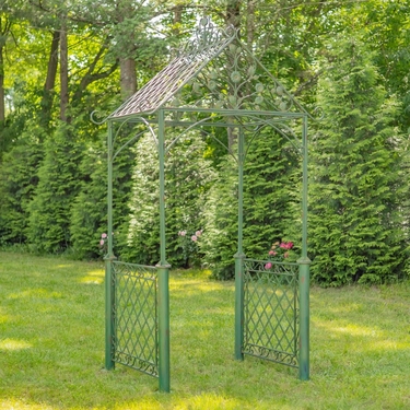 9.5ft. Iron Garden Arch with Trellis Side Walls - Antique Green - Click to enlarge